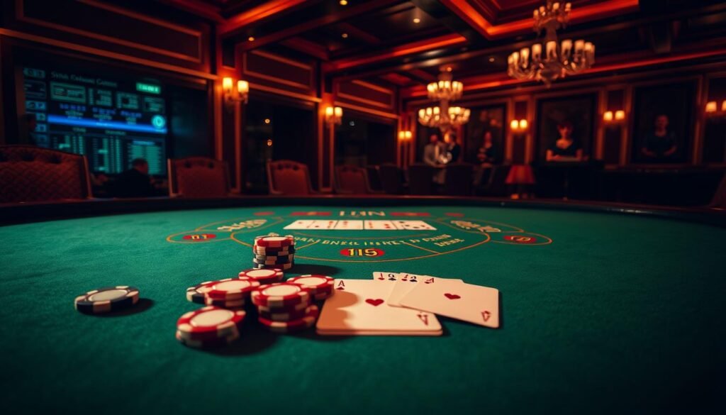 A visually striking and informative illustration of the rules and betting options for the classic casino game Baccarat. Set against a dimly lit, luxurious casino interior, the image features a detailed wooden gaming table with a green felt surface. On the table, various betting chips and cards are arranged to demonstrate the different bet types, such as Player, Banker, and Tie. The lighting is warm and dramatic, casting shadows that add depth and atmosphere. The camera angle is slightly elevated, providing an engaging, immersive perspective for the viewer. Overall, the image conveys the sophistication and excitement of the Baccarat gameplay experience. A visually striking and informative illustration of the rules and betting options for the classic casino game Baccarat. Set against a dimly lit, luxurious casino interior, the image features a detailed wooden gaming table with a green felt surface. On the table, various betting chips and cards are arranged to demonstrate the different bet types, such as Player, Banker, and Tie. The lighting is warm and dramatic, casting shadows that add depth and atmosphere. The camera angle is slightly elevated, providing an engaging, immersive perspective for the viewer. Overall, the image conveys the sophistication and excitement of the Baccarat gameplay experience.