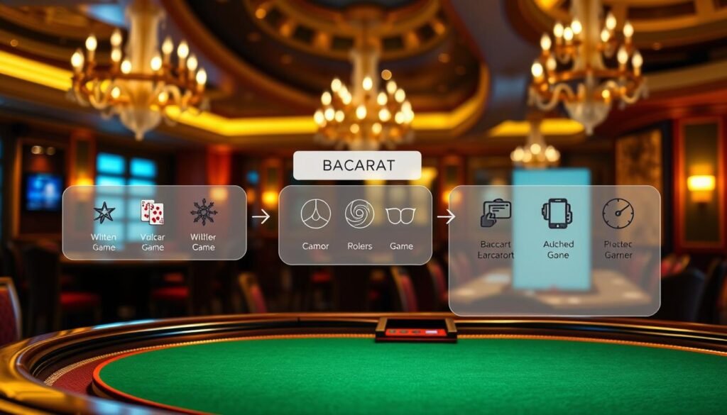 A visually striking illustration of the rules and objective of the classic baccarat casino game. A richly detailed and elegantly designed casino table fills the foreground, bathed in warm, ambient lighting. Ornate wooden trims and polished green felt create a sense of refined opulence. In the middle ground, stylized, minimalist icons and visualizations demonstrate the game flow and key baccarat rules, guiding the viewer's understanding. The background depicts a softly blurred, opulent casino interior, with chandeliers and high ceilings conveying an air of sophistication and exclusivity. The overall mood is one of sophisticated gaming, precision, and the thrill of high-stakes chance. A visually striking illustration of the rules and objective of the classic baccarat casino game. A richly detailed and elegantly designed casino table fills the foreground, bathed in warm, ambient lighting. Ornate wooden trims and polished green felt create a sense of refined opulence. In the middle ground, stylized, minimalist icons and visualizations demonstrate the game flow and key baccarat rules, guiding the viewer's understanding. The background depicts a softly blurred, opulent casino interior, with chandeliers and high ceilings conveying an air of sophistication and exclusivity. The overall mood is one of sophisticated gaming, precision, and the thrill of high-stakes chance.