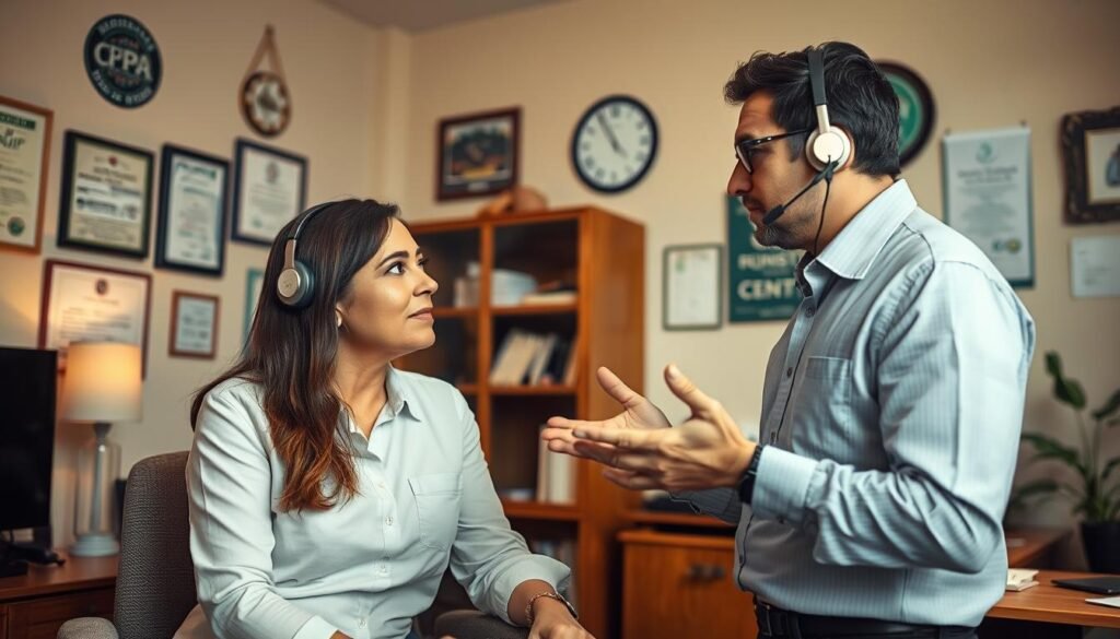 A cozy office interior with a customer service representative from the iCareCPAP pest control company engaged in a deep discussion with a client. Soft, diffused lighting illuminates the scene, creating a warm and inviting atmosphere. The representative leans forward, attentively listening to the client's concerns, while gesturing with their hands to convey empathy and understanding. The client's face is expressive, indicating an open and constructive dialogue. The room is adorned with professional certifications, awards, and subtle branding elements that reinforce the company's expertise and commitment to customer satisfaction. The overall composition emphasizes the importance of clear communication and the company's dedication to addressing the client's specific needs. A cozy office interior with a customer service representative from the iCareCPAP pest control company engaged in a deep discussion with a client. Soft, diffused lighting illuminates the scene, creating a warm and inviting atmosphere. The representative leans forward, attentively listening to the client's concerns, while gesturing with their hands to convey empathy and understanding. The client's face is expressive, indicating an open and constructive dialogue. The room is adorned with professional certifications, awards, and subtle branding elements that reinforce the company's expertise and commitment to customer satisfaction. The overall composition emphasizes the importance of clear communication and the company's dedication to addressing the client's specific needs.