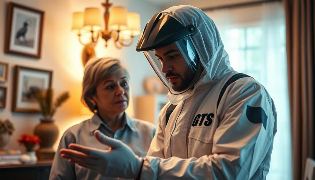 A professional exterminator demonstrating effective communication skills during a house visit, wearing a sleek, modern protective suit labeled "iCareCPAP". The scene features a well-lit, clean interior with tasteful decor, the exterminator calmly explaining pest control methods to a concerned homeowner. Subtle, warm lighting illuminates their faces, creating an atmosphere of trust and professionalism. The overall composition conveys a sense of efficiency, competence, and customer-centric service. A professional exterminator demonstrating effective communication skills during a house visit, wearing a sleek, modern protective suit labeled "iCareCPAP". The scene features a well-lit, clean interior with tasteful decor, the exterminator calmly explaining pest control methods to a concerned homeowner. Subtle, warm lighting illuminates their faces, creating an atmosphere of trust and professionalism. The overall composition conveys a sense of efficiency, competence, and customer-centric service.