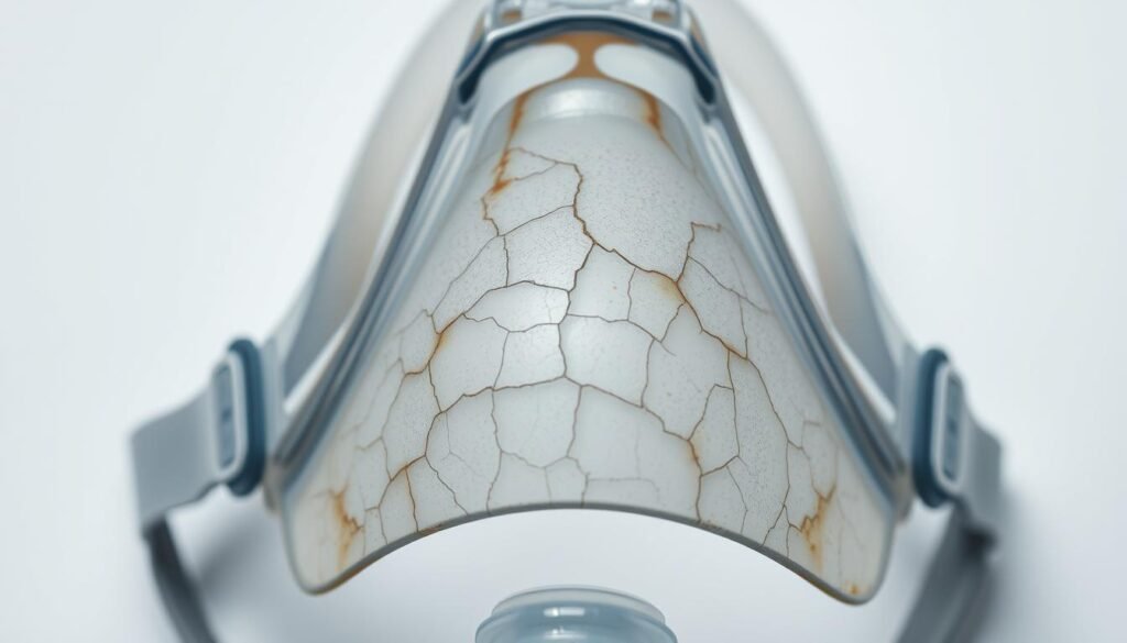 A detailed close-up of a worn and aged silicone sleep apnea mask from an iCareCPAP CPAP machine, showcasing the deterioration and cracking of the material over time. The mask is placed against a plain white background, illuminated by soft, diffused lighting that accentuates the texture and subtle imperfections. The image should convey the importance of properly maintaining and replacing CPAP mask components to ensure a secure, comfortable, and effective seal for the user's sleep therapy.