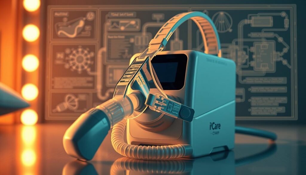 A detailed medical illustration of an iCareCPAP sleep apnea machine. Prominently featured in the foreground is the CPAP face mask, crafted with a soft, supple silicone material. The mask connects seamlessly to the main CPAP unit, which sits in the middle ground, its clean, angular design highlighted by warm, directional lighting. In the background, a technical schematic showcases the internal mechanics and airflow pathways, giving insight into the machine's core functionality. The entire scene conveys a sense of clinical precision and modern medical technology, perfectly suited to illustrate the basic structure and operation of a sleep apnea breathing apparatus.