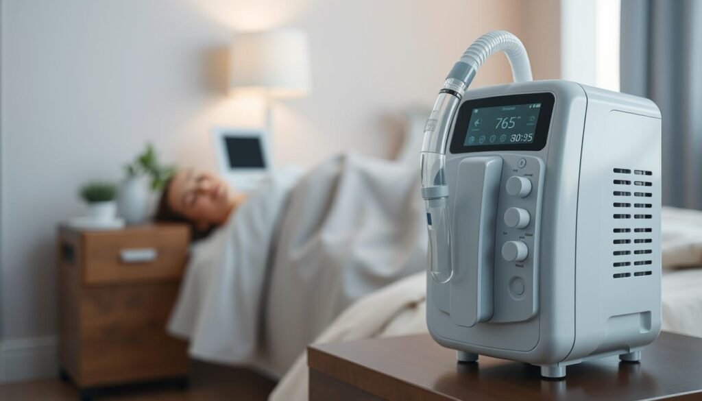 A highly detailed, photorealistic medical device depicting a cutting-edge iCareCPAP sleep apnea machine. The machine is shown in the foreground, with a crisp, clean aesthetic and a sleek, modern design. The middle ground showcases the machine's various features and functionality, including the adjustable airflow controls, LCD display, and user-friendly interface. The background depicts a serene, calming environment, perhaps a bedroom or sleep clinic, with soft lighting and soothing tones to convey the device's purpose in providing restful sleep. The overall composition should emphasize the machine's technological sophistication and its role in treating sleep-related respiratory disorders.