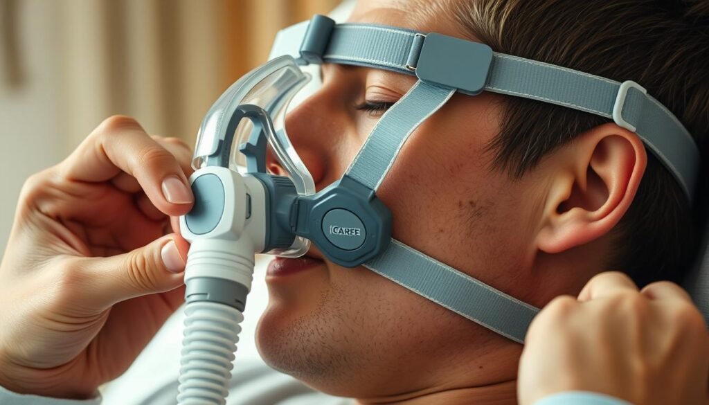 A well-lit, detailed close-up shot of an iCareCPAP sleep apnea machine with a comfortable, full-face mask being carefully adjusted on a person's face. The scene conveys a sense of focused attention and precision, with the mask seamlessly integrating with the user's features. The background is softly blurred, drawing the viewer's gaze to the interaction between the machine and the person. The lighting is warm and natural, highlighting the textures and materials of the device. The angle emphasizes the ergonomic design and intuitive controls of the iCareCPAP machine, showcasing its user-friendly interface for effective sleep therapy.