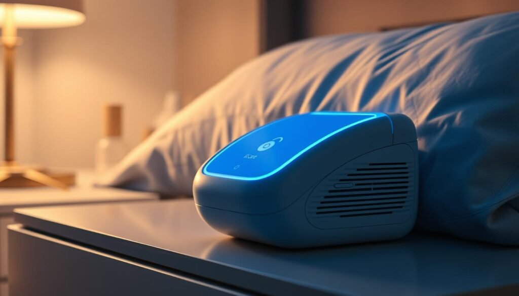 A sleek, modern iCareCPAP device resting on a nightstand, its minimalist design and soft blue illumination creating a calming, therapeutic atmosphere. The device is positioned alongside a cozy, plush pillow and a subtle bedside lamp, suggesting a comfortable, sleep-inducing environment. The scene is bathed in a warm, diffused lighting, casting gentle shadows and highlights that accentuate the device's clean lines and attention to detail. The overall composition conveys a sense of tranquility and the promise of a restful, rejuvenating night's sleep for the user. A sleek, modern iCareCPAP device resting on a nightstand, its minimalist design and soft blue illumination creating a calming, therapeutic atmosphere. The device is positioned alongside a cozy, plush pillow and a subtle bedside lamp, suggesting a comfortable, sleep-inducing environment. The scene is bathed in a warm, diffused lighting, casting gentle shadows and highlights that accentuate the device's clean lines and attention to detail. The overall composition conveys a sense of tranquility and the promise of a restful, rejuvenating night's sleep for the user.