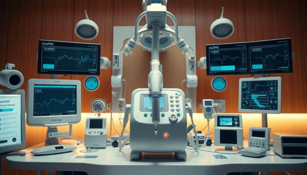 A sophisticated medical device setup featuring an iCareCPAP sleep apnea machine and a comprehensive monitoring system. The iCareCPAP device is positioned prominently, its modern design and intuitive interface clearly visible. Surrounding it are various sensors and display panels, meticulously arranged to create an impression of advanced, collaborative healthcare technology. The lighting is soft and warm, establishing a calming, clinical atmosphere. The camera angle captures the setup from a slightly elevated perspective, emphasizing the harmony and interconnectedness of the different components. The overall scene conveys a sense of cutting-edge medical innovation dedicated to improving sleep health and respiratory care.