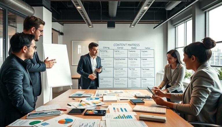 A dynamic and engaging office environment depicting the concept of a content matrix strategy for LINE marketing. In the foreground, a diverse group of three professionals, dressed in smart business attire, collaborate around a large table strewn with colorful charts, analytics reports, and digital devices, illustrating their strategy. In the middle ground, a clear whiteboard displays a visually appealing content matrix with various marketing tactics and channels labeled. The background features a modern office space with bright, natural lighting filtering through large windows, creating a productive atmosphere. The mood is focused, innovative, and inspiring, emphasizing teamwork and strategy development. Use a wide-angle lens to capture the entire scene, ensuring a warm and inviting color palette.