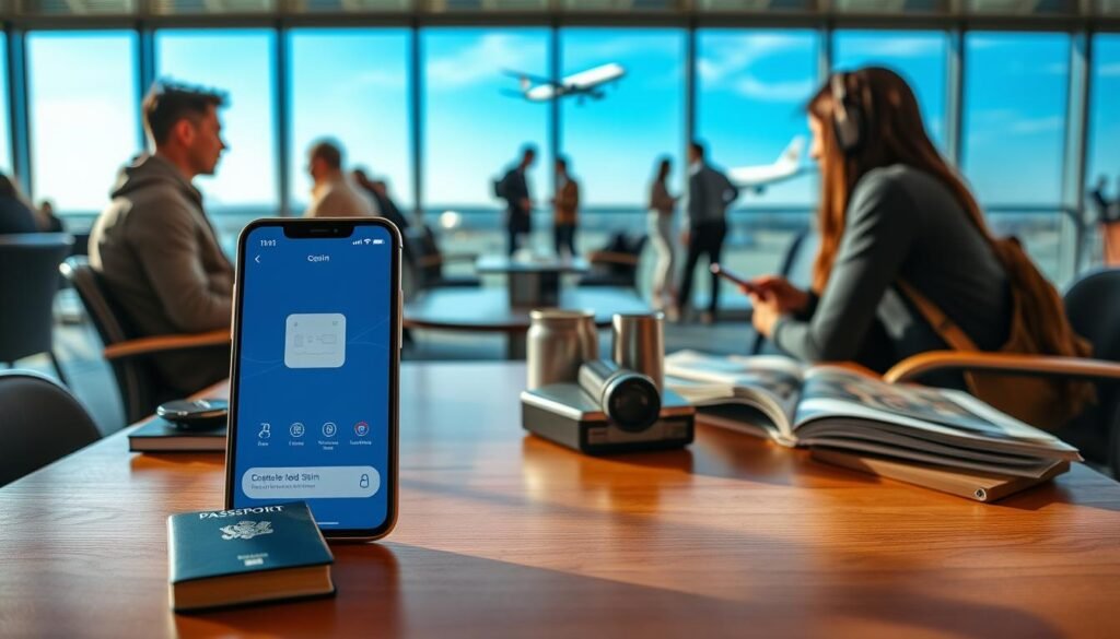 A sleek and modern smartphone displaying the OceanEsim interface, positioned prominently in the foreground. The device is on a stylish wooden table, surrounded by travel essentials like a passport and a travel guidebook. In the middle ground, the coziness of an airport lounge can be seen, with travelers in modest casual clothing engaged in conversation or using their devices, highlighting the connectivity aspect of OceanEsim. The background features large windows with a view of airplanes taking off against a bright blue sky. Soft, natural lighting filters through the windows, creating a welcoming atmosphere, while a subtle depth of field focuses on the smartphone. The overall mood is positive, emphasizing the convenience and reliability of OceanEsim for travelers in South Korea.