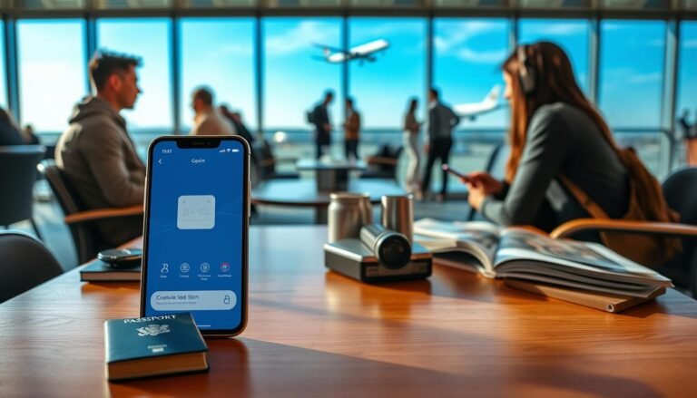 A sleek and modern smartphone displaying the OceanEsim interface, positioned prominently in the foreground. The device is on a stylish wooden table, surrounded by travel essentials like a passport and a travel guidebook. In the middle ground, the coziness of an airport lounge can be seen, with travelers in modest casual clothing engaged in conversation or using their devices, highlighting the connectivity aspect of OceanEsim. The background features large windows with a view of airplanes taking off against a bright blue sky. Soft, natural lighting filters through the windows, creating a welcoming atmosphere, while a subtle depth of field focuses on the smartphone. The overall mood is positive, emphasizing the convenience and reliability of OceanEsim for travelers in South Korea.