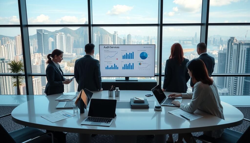 A comprehensive depiction of Hong Kong's auditing services offered by OneStart, showcasing a modern office environment. In the foreground, a diverse team of professionals in business attire, engaged in a meeting around a sleek conference table with financial documents, laptops, and charts. In the middle, a large screen displays graphs and statistics related to audit services. The background features a panoramic view of Hong Kong's skyline, with skyscrapers and the harbor under a clear blue sky. Soft, natural lighting filtering through large windows creates an inviting atmosphere. The angle captures the team’s collaboration while highlighting the city's vibrant economic landscape, reflecting the essence of professional auditing.
