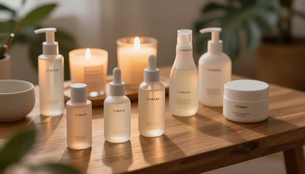 A sleek display of climax fluid and gel products showcased on a wooden table. The foreground features elegantly labeled bottles and jars with soft curves and glistening surfaces, reflecting warm, inviting light. In the middle, a tasteful arrangement of aromatic candles and minimalist decorative elements creates a harmonious setting that enhances the products' appeal. The background includes softly blurred greenery, hinting at a tranquil indoor atmosphere. The lighting is soft and warm, casting gentle shadows that evoke a cozy, intimate vibe. The angle is slightly elevated, allowing a clear view of the products while maintaining a romantic ambiance, perfect for illustrating the characteristics of these items in a playful yet professional manner. The composition is SFW, suitable for an informative article segment.