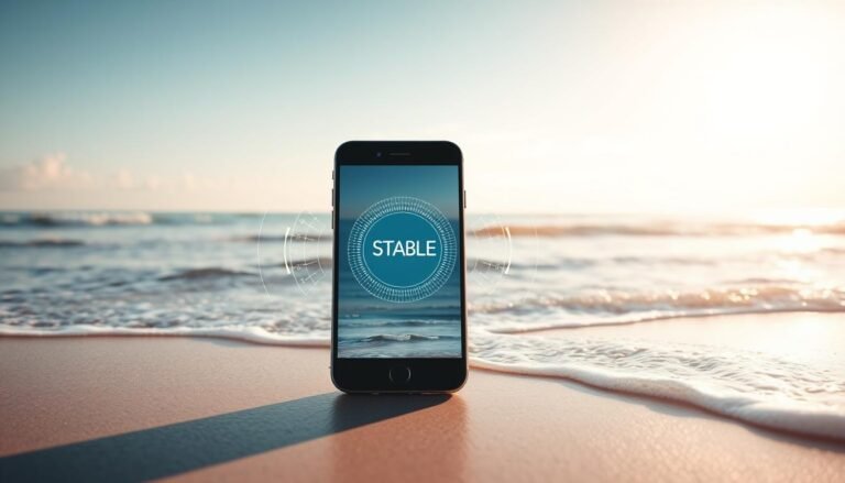 Visualize a serene coastal scene that embodies the concept of stable data transmission with OceanEsim. In the foreground, feature a sleek, modern smartphone displaying a stable connection icon. Surround the phone with subtle graphical representations of data streams flowing seamlessly from ocean waves, symbolizing the smooth flow of information. The middle ground should include gentle waves lapping at the beach, their motion reflecting tranquility and stability. In the background, depict a bright, cloudless sky with soft sunlight filtering through, creating a warm, inviting atmosphere. Use a slightly elevated angle to capture the entire scene, enhancing the sense of openness. The mood is professional yet calming, emphasizing the reliability and ease of data transfer with OceanEsim in a picturesque setting.