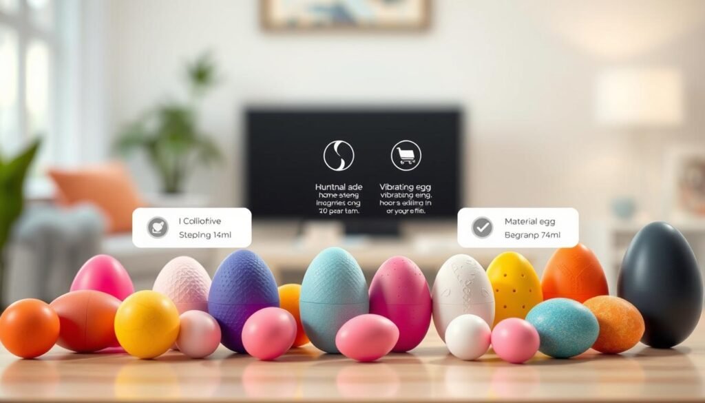 A clean, informative image illustrating the different types of beginner-friendly vibrating eggs for personal use. In the foreground, display a variety of colorful and uniquely shaped vibrating eggs on a softly lit surface, emphasizing their textures and features. In the middle ground, include labels or icons indicating different attributes such as size, function, and material. The background should be a softly blurred home setting, creating a warm and welcoming atmosphere. Use natural lighting to cast gentle shadows, enhancing the details of the objects. Capture the scene from a slight overhead angle to provide a clear view of the products while maintaining a professional and polished look.