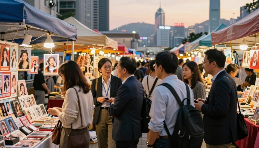 A vibrant market scene in Hong Kong showcasing the development of innovative products related to actress memorabilia. In the foreground, a diverse group of people, dressed in professional business attire and modest casual clothing, are engaged in conversation while examining unique items on display. The middle ground features colorful stalls brimming with various memorabilia showcasing actress-themed products, elegantly designed and artistically arranged. The background captures the bustling cityscape of Hong Kong, with iconic buildings under a soft, warm sunset. The atmosphere is inviting and energetic, conveying a sense of cultural fusion and modern commerce. The lighting is warm and cinematic, enhancing the cozy and intimate vibe of the scene, with a 4:3 aspect ratio to focus on the interaction within the market.