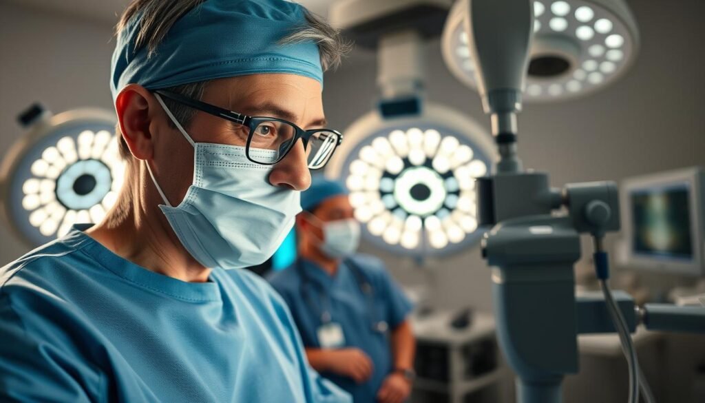 A close-up view of a patient undergoing cataract treatment, showing a surgeon in a modern surgical theater, wearing professional attire and focused on a sophisticated medical instrument. The foreground features the patient, a middle-aged person with glasses, and a subtle expression of hope and relief. In the middle ground, the surgical team is illuminated by bright, sterile lights, showcasing advanced medical technology and equipment. The background includes blurred surgical monitors and attentive nurses, creating a dynamic yet calming atmosphere. Soft, bright light enhances the mood of optimism and professionalism, highlighting the transformative effect of cataract surgery on vision, particularly in relation to severe astigmatism and reliance on thick glasses.