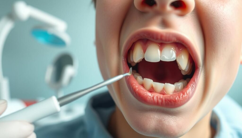 A close-up view of a teenager's mouth, showcasing their partially erupted wisdom teeth, highlighting early warning signs such as swelling and slight redness in the gums. The teenager has a concerned expression, reflecting an emotional tone of worry over dental health. The foreground features a clear focus on the teeth and gums, with natural lighting emphasizing details and textures. In the middle ground, dental tools like a mirror and explorer can be lightly blurred but present, suggesting a dental check-up scene. The background includes gentle colors, like soft blues and greens, to create a calm atmosphere. The perspective is slightly angled for depth, captured as if from a dentist's point of view, reinforcing the medical context.