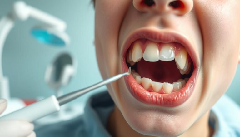 A close-up view of a teenager's mouth, showcasing their partially erupted wisdom teeth, highlighting early warning signs such as swelling and slight redness in the gums. The teenager has a concerned expression, reflecting an emotional tone of worry over dental health. The foreground features a clear focus on the teeth and gums, with natural lighting emphasizing details and textures. In the middle ground, dental tools like a mirror and explorer can be lightly blurred but present, suggesting a dental check-up scene. The background includes gentle colors, like soft blues and greens, to create a calm atmosphere. The perspective is slightly angled for depth, captured as if from a dentist's point of view, reinforcing the medical context.