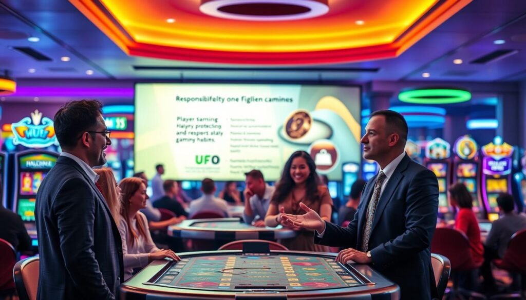 A visually engaging representation of responsible gaming commitment and player protection mechanisms in a vibrant casino environment. In the foreground, depict a professional-looking consultant in business attire, discussing responsible gaming principles with a diverse group of players, all portrayed in a respectful and engaging manner. The middle ground should include elements such as a digital screen displaying informative graphics about player safety and support resources, surrounded by gaming tables that emphasize fun but responsible play. In the background, soft ambient lighting creates a welcoming atmosphere, with colorful slot machines and game displays, ensuring a focus on healthy gaming habits. The overall mood should be uplifting and inclusive, encouraging a positive and responsible gaming experience. Use bright, inviting colors combined with warm lighting to enhance the atmosphere.
