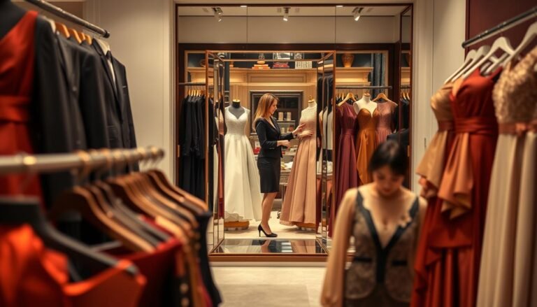 A beautifully arranged scene inside a Taipei formal wear boutique, showcasing an elegant assortment of business attire and evening gowns. In the foreground, a sophisticated display of stylish dresses in rich fabrics, with intricate details and colors that capture the essence of formal gatherings. In the middle ground, a polished mirror reflecting an open space with a professional stylist assisting a businesswoman in selecting a gown, both dressed in smart business attire. The background features tasteful decor, with soft, warm lighting highlighting the luxurious fabrics and sophisticated ambiance of the store. The mood is inviting and professional, emphasizing the importance of proper dress etiquette for social occasions.