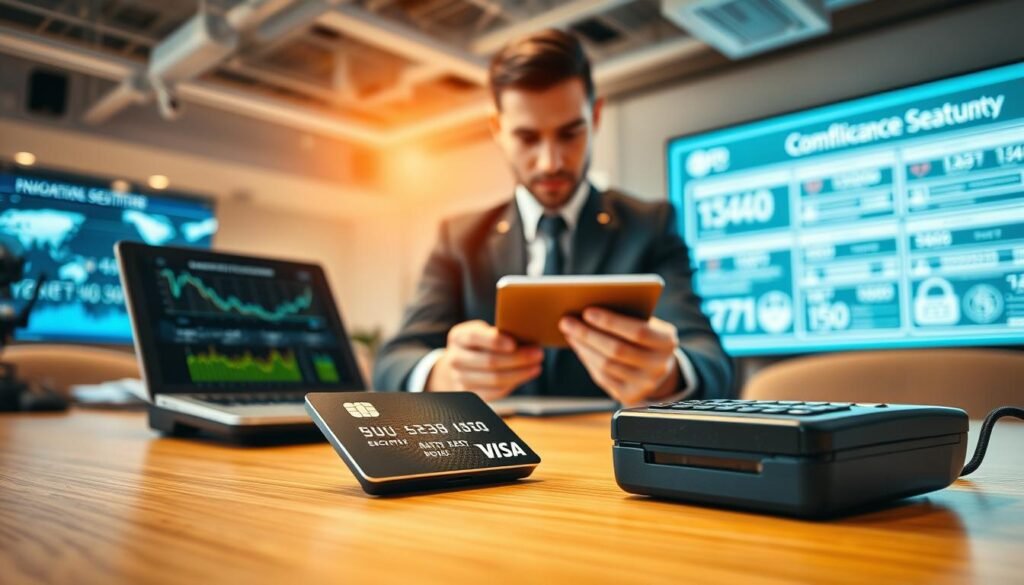 A close-up view of a professional workspace emphasizing credit card security measures. In the foreground, a sleek and modern credit card lies on a polished wooden desk, surrounded by security technology such as an encrypted card reader and a digital monitoring display showing graphs and security alerts. In the middle, a confident businessperson in professional attire examines the card, with focused expressions indicating the importance of vigilance and verification. The background features a softly blurred office environment with high-tech security cameras and a large screen displaying compliance regulations. The lighting is warm and inviting yet professional, creating a serious yet proactive atmosphere underscoring the commitment to credit card safety.