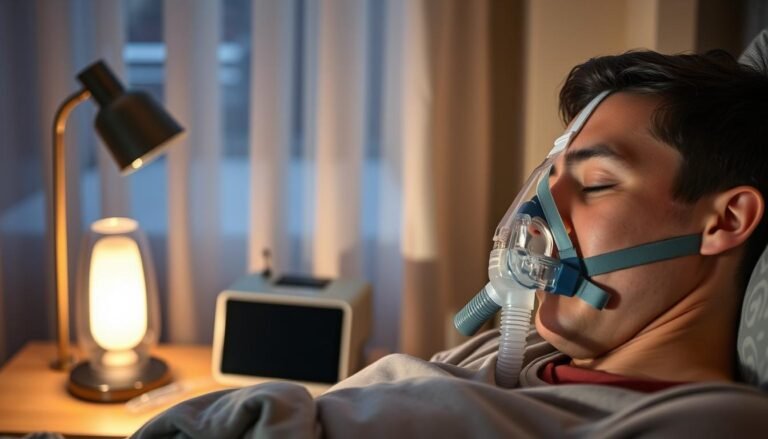 A cozy bedroom scene featuring a sleeping individual wearing a nasal CPAP mask, illustrating the use of a sleep apnea machine. In the foreground, the person's face shows calmness while sleeping, with the soft light from a bedside table lamp creating a warm ambiance. The middle section includes a sleek, modern sleep apnea machine on the nightstand, with visible tubing directing to the mask. In the background, gentle shadows of soft curtains drape by the window, suggesting a peaceful night setting. The mood is tranquil, emphasizing comfort and the ongoing functionality of the device, while suggesting a sympathizing context for users with allergic rhinitis and their sleep experience.