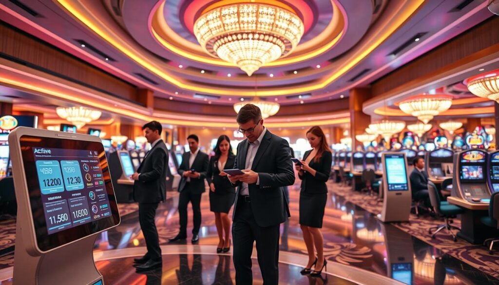 A futuristic casino environment showcasing the "3A Entertainment City" electronic sign-in system. In the foreground, a sleek, user-friendly digital interface with vibrant LED screens displaying active member statistics and login records. The middle layer features elegantly dressed professionals, including men and women in business attire, interacting with touch-sensitive kiosks and tablets, demonstrating engagement with the system. In the background, a luxurious casino setting filled with high-end gaming tables and vibrant lighting that reflects a lively yet sophisticated atmosphere. Soft ambient lighting enhances the mood, while a low-angle shot captures the grandeur of the space, emphasizing the advanced technology. The overall atmosphere conveys innovation, efficiency, and a commitment to member safety and experience.
