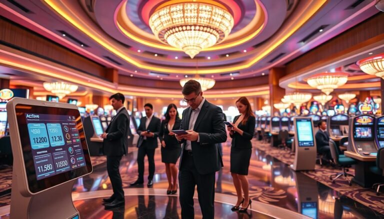 A futuristic casino environment showcasing the "3A Entertainment City" electronic sign-in system. In the foreground, a sleek, user-friendly digital interface with vibrant LED screens displaying active member statistics and login records. The middle layer features elegantly dressed professionals, including men and women in business attire, interacting with touch-sensitive kiosks and tablets, demonstrating engagement with the system. In the background, a luxurious casino setting filled with high-end gaming tables and vibrant lighting that reflects a lively yet sophisticated atmosphere. Soft ambient lighting enhances the mood, while a low-angle shot captures the grandeur of the space, emphasizing the advanced technology. The overall atmosphere conveys innovation, efficiency, and a commitment to member safety and experience.