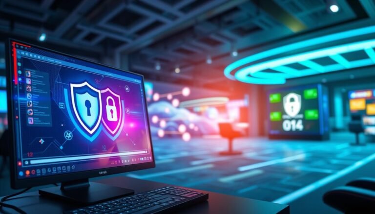 A modern and secure online gaming environment exemplifying user privacy protection at UG Entertainment City. In the foreground, a sleek, futuristic computer interface displaying security features, such as shields and locks symbolizing protection against malware. In the middle ground, abstract representations of encrypted data streams highlighted in vibrant colors, showcasing the advanced technology safeguarding user information. The background features an immersive, inviting gaming landscape, with soft blue and green lights emphasizing a safe, engaging atmosphere. The image should have a clean, high-tech aesthetic, illuminated with soft, dynamic lighting to create a sense of trust and reliability. The overall mood is one of security and confidence, appealing to consumers seeking a safe online gaming experience.