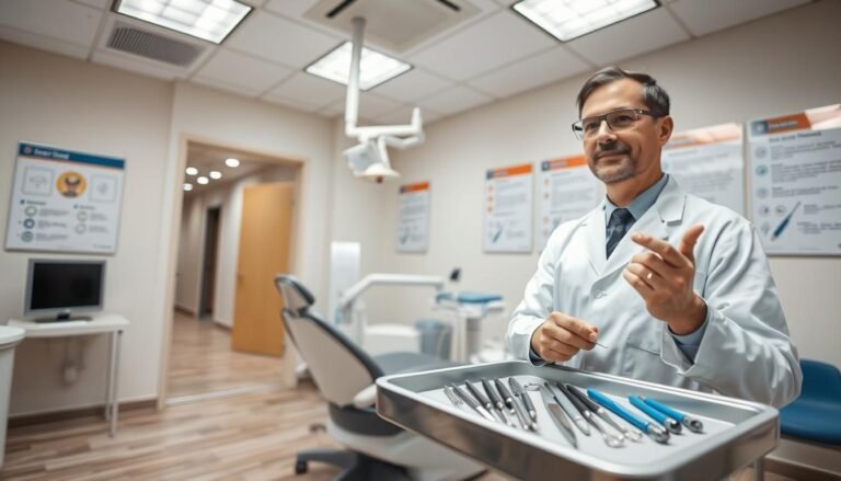 A professional dental clinic interior focused on safety regulations. In the foreground, a dentist in a white coat and safety glasses, demonstrating proper handling of dental instruments, emphasizing adherence to safety protocols. The middle ground features a modern dental chair and neatly organized tools on a sterilization tray, indicating a commitment to hygiene. The background shows informative posters on the walls outlining safety guidelines and compliance processes, with soft overhead lighting that creates a warm and inviting atmosphere. The scene is captured from a slight angle to convey depth and professionalism, maintaining a calm and serious mood appropriate for a healthcare setting.