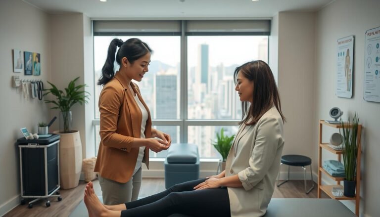 A serene and professional physiotherapy clinic in Hong Kong, bright and inviting, filled with natural light. In the foreground, a female physiotherapist in smart casual attire conducts a gentle physiotherapy session with a corporate professional, who is also dressed in professional attire. The therapist demonstrates pelvic floor rehabilitation techniques, using discreet and supportive equipment. In the middle ground, various physiotherapy tools and posters on women's health adorn the walls. In the background, a large window reveals a glimpse of a bustling Hong Kong cityscape, creating a sense of balance between urban life and wellness. The mood is calm and supportive, emphasizing the importance of addressing pelvic floor concerns in a corporate environment. Soft, diffused lighting enhances the atmosphere of care and professionalism.