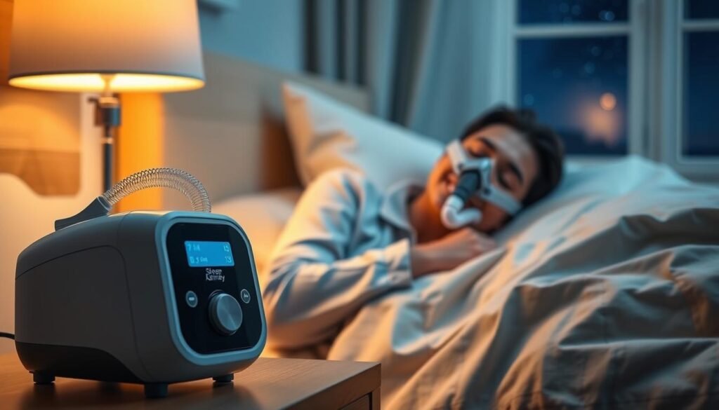 A serene bedroom scene at night, softly illuminated by a bedside lamp casting warm light. In the foreground, a close-up of a sleep apnea machine on a nightstand, its sleek design and gentle breathing rhythm visible. In the middle ground, a peaceful person wearing comfortable pajamas is sleeping soundly with a nasal mask connected to the machine, their face relaxed and at ease. The background features a cozy bed with calming, soft-colored blankets, and a window revealing a starry night sky, hinting at tranquility. The overall mood is serene and restorative, emphasizing the connection between the use of the breathing machine and the enhancement of sleep cycles, highlighting well-being and comfort.