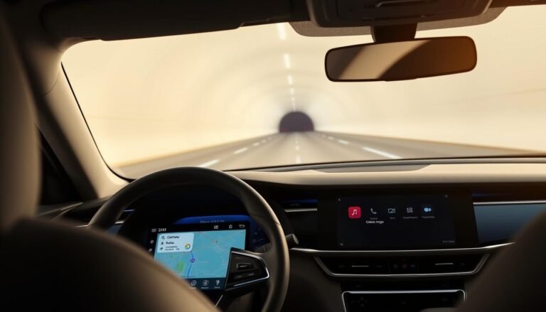 A sleek, modern car interior showcasing the CarPlay system displayed on a high-resolution touchscreen. The screen shows an interface with Google Maps, featuring offline maps, route navigation, and a user-friendly layout. In the foreground, the steering wheel has soft leather, and there are ambient LED lights emanating a calming blue hue. In the middle, the dashboard has a contemporary design, with polished metallic accents and minimalistic controls. The background features a faint outline of a tunnel entrance to symbolize navigation through weak signal areas, with gentle, diffused lighting conveying a sense of safety and clarity. The overall mood is high-tech and informative, emphasizing the importance of CarPlay in maintaining connectivity.