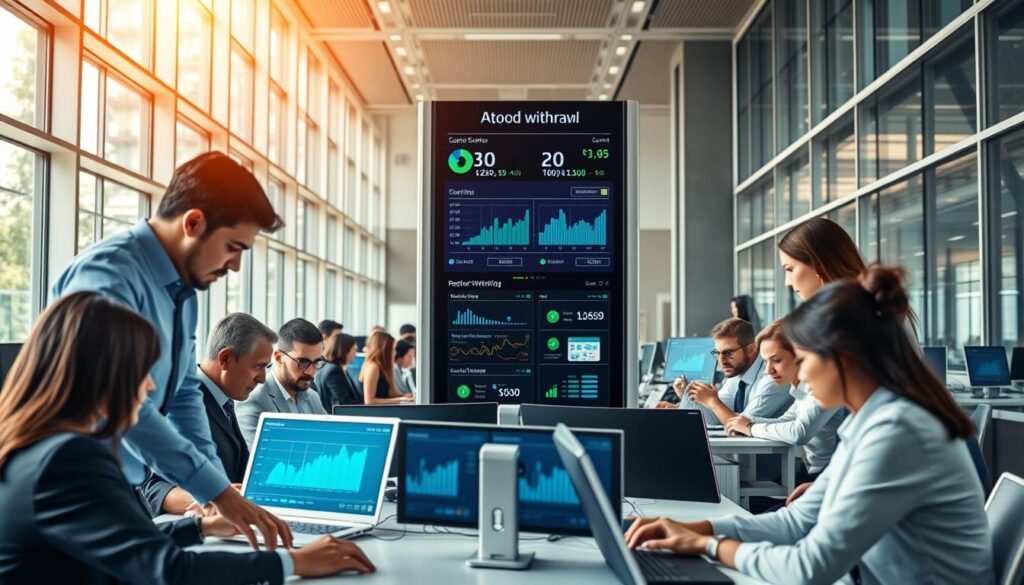 A sleek, modern office environment showcasing a team of professionals working collaboratively at their desks, focused on a high-tech automated withdrawal system. The foreground features a diverse group of business people in professional attire, including men and women, some actively engaging with digital devices displaying graphs and statistics. In the middle, a large digital display shows real-time transaction data and monitoring systems, with visually appealing animations of rapid fund transfers and checkmarks indicating quick service. The background features floor-to-ceiling windows allowing natural light to flood the space, creating an atmosphere of efficiency and innovation. The overall mood is dynamic and constructive, emphasizing speed, professionalism, and reliability in financial transactions.