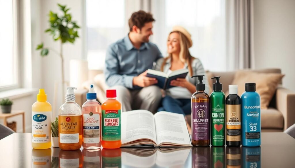A visually striking and informative image showcasing a variety of lubricants arranged on a sleek, modern table in a well-lit, professional setting. In the foreground, several bottles of high-quality lubricants, each uniquely designed, contrast against a soft-focus background of a cozy living space. Natural light filters through a window, creating a warm and inviting atmosphere. In the middle ground, a friendly, diverse couple in modest casual clothing is engaged in a conversation about the lubricants, with an open booklet of reputable lubricant recommendations placed nearby. The mood is uplifting and supportive, emphasizing healthy relationships and open communication. The scene should feel welcoming and safe, avoiding any explicit elements.