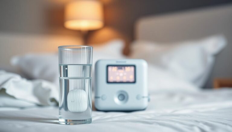 A close-up view of a beautifully designed humidifier water tank specifically for a sleep apnea machine, placed prominently in the foreground. The tank should be transparent, showcasing its water level, with fine details like the inlet and outlet connections visible. In the middle, softly blurred, is a sleek sleep apnea machine, hinting at its modern technology with a gentle glow emanating from its display. The background features a calming bedroom environment, with soft, warm lighting creating an inviting atmosphere. Use a shallow depth of field to keep the focus on the humidifier water tank while gently blurring the surroundings. The overall mood should convey comfort and serenity, emphasizing the importance of hydration in sleep therapy without any distractions or text elements.