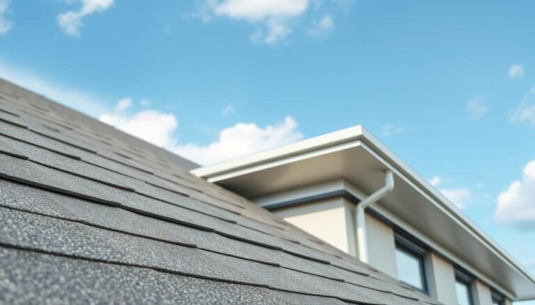 A detailed view of flat roofing sheets installed on a modern building. In the foreground, showcase multiple layers of roofing materials, emphasizing their texture and color variations, including dark grey and light beige tones. The middle area features a slightly angled view of the roof, highlighting drainage solutions such as small, integrated gutters and downspouts that effectively channel rainwater. In the background, include a clear blue sky with soft white clouds, illuminating the roof with natural daylight, creating a sense of openness and clarity. The overall atmosphere is professional and informative, conveying the importance and functionality of flat roofing sheets in effective water management systems. Use an upward angle to emphasize the roof design, with subtle shadows for depth.