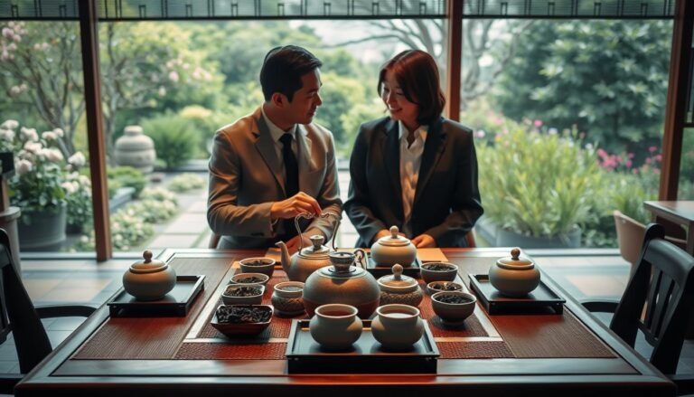 A professional tea tasting scene in Taichung, featuring an elegant tea table set with various tea leaves and teapots. In the foreground, two individuals, one man and one woman, are engaging in a respectful discussion while dressed in modest business attire. The middle ground showcases an inviting atmosphere with a soft, warm glow emanating from ambient lighting, highlighting the natural textures of the wooden table and traditional tea utensils. The background displays a serene garden view with lush greenery and blossoming flowers, emphasizing the tranquil environment. The overall mood is cozy and intimate, reminiscent of cinematic moments shared between friends, with a 4:3 aspect ratio for a classic feel.