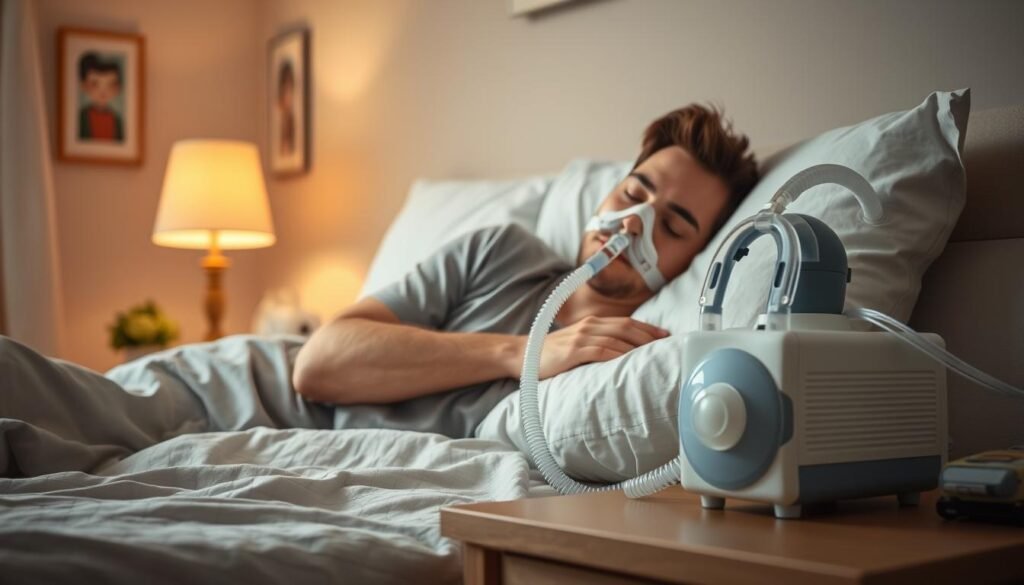A softly lit bedroom scene featuring a side-sleeper comfortably using a CPAP (Continuous Positive Airway Pressure) machine. The foreground showcases the patient, dressed in modest, casual sleepwear, with a serene expression, resting on a plush pillow while connected to the device. The middle ground displays the CPAP machine on a bedside table, intricately detailed with its tubing and mask. The background offers a glimpse of a cozy room, adorned with warm colors and subtle decor, featuring a bedside lamp casting a gentle glow. Create a calming atmosphere that emphasizes the importance of the CPAP machine for side sleepers, focusing on tranquility and the supportive nature of the device. Use a soft-focus lens to enhance the nurturing ambiance.