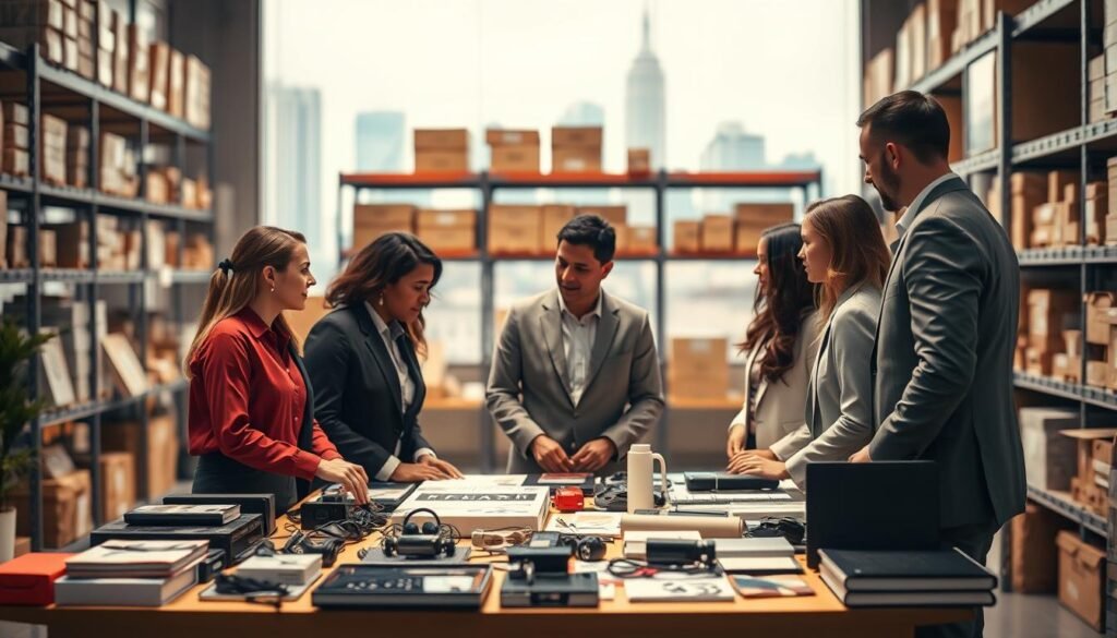 A visual representation of the concept of "American purchasing agents" showcasing their operational model. In the foreground, depict a diverse group of professional individuals in business attire, engaged in a discussion around a table covered with various products such as electronics and fashion items. The middle layer should include shelves neatly stocked with packages and goods, symbolizing a warehouse or fulfillment center. In the background, add soft-focus imagery of the American skyline, hinting at commerce and trade. Use warm, inviting lighting to create an atmosphere of trust and activity, capturing the essence of a reliable purchasing service. The angle should be slightly elevated to provide a clear view of the interaction and the products.