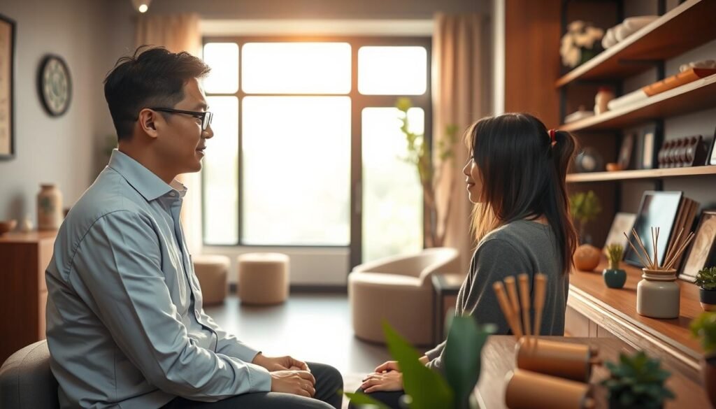 A serene and modern interior of a traditional Chinese medicine center, emphasizing the 康展邁醫學中心 in Shatin. In the foreground, a professional-looking practitioner in smart casual attire interacts attentively with a patient seated comfortably. The middle ground showcases traditional Chinese medicinal herbs and acupuncture tools artfully arranged on a wooden shelf. In the background, large windows bathe the space in warm, natural light, highlighting calming colors like soft greens and browns, creating a peaceful atmosphere. The focus is on the practitioner’s caring demeanor, symbolizing trust and professionalism, while the setting conveys a holistic approach to health and wellness. Aim for a soft-focus lens effect to create warmth, enhancing the feeling of serenity and hope.