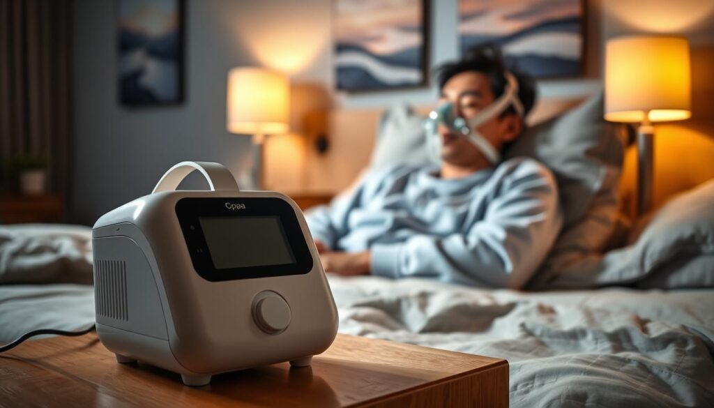 A serene bedroom setting showcasing a cozy environment focused on sleep therapy. In the foreground, a modern CPAP sleep apnea machine is elegantly placed on a bedside table, with soft, warm light reflecting off its surface. In the middle ground, a person of Asian descent, wearing comfortable pajamas, is calmly sleeping with a CPAP mask, demonstrating peacefulness and comfort. The background features a dimly lit room with gentle bedside lamps, and calming wall art depicting soothing landscapes. The overall mood is tranquil and reassuring, highlighting the importance of effective sleep therapy for long-term health. The composition captures the essence of supportive care and wellness, emphasizing the positive aspects of using a sleep respirator.