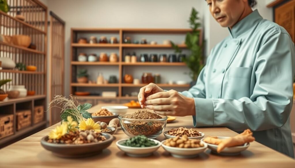 A serene traditional Chinese medicine clinic environment with an open remedy table displaying various herbal ingredients used for treating eczema, such as dandelion, licorice root, and chrysanthemum. In the foreground, a practitioner in modest professional attire is carefully preparing a herbal paste, showcasing their focused expression. The middle ground features shelves of neatly arranged medicinal herbs and jars, adding to the authenticity. The background reveals a tranquil setting with bamboo decor and soft lighting that creates a calming atmosphere. The image should have warm tones, emphasizing health and healing, evoking a sense of trust and professionalism. A close-up angle to highlight the interaction between the practitioner and the herbal ingredients, ensuring a clear focus on the treatment process without any distractions.