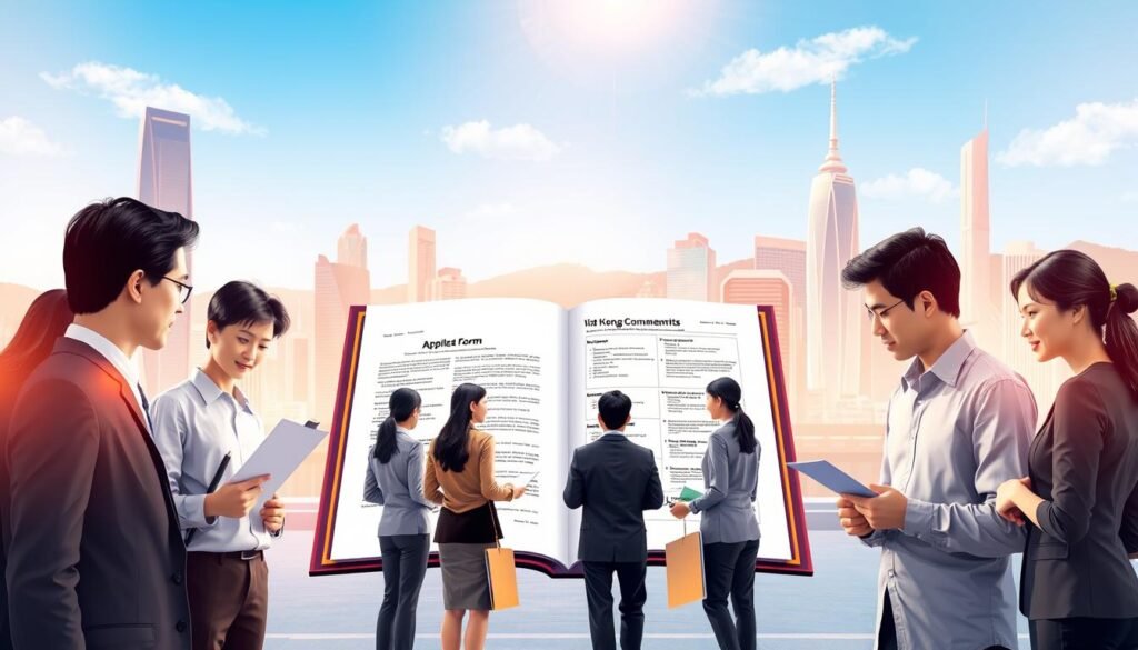 A visually engaging illustration of the application process and document requirements for the Hong Kong Talent Scheme. In the foreground, display a diverse group of professionals in business attire, engaged in discussions and reviewing important documents. In the middle, depict a large open folder with key documents like an application form, visa guidelines, and checklist visibly arranged. The background should feature a stylized skyline of Hong Kong with iconic buildings such as the International Commerce Centre and the Bank of China Tower, under a bright, clear blue sky. Use warm, inviting lighting to create a motivational and professional atmosphere, capturing the essence of opportunity and growth. The composition should focus on clarity and flow, guiding the viewer's eye from the foreground professionals to the informative documents and the inspiring backdrop.
